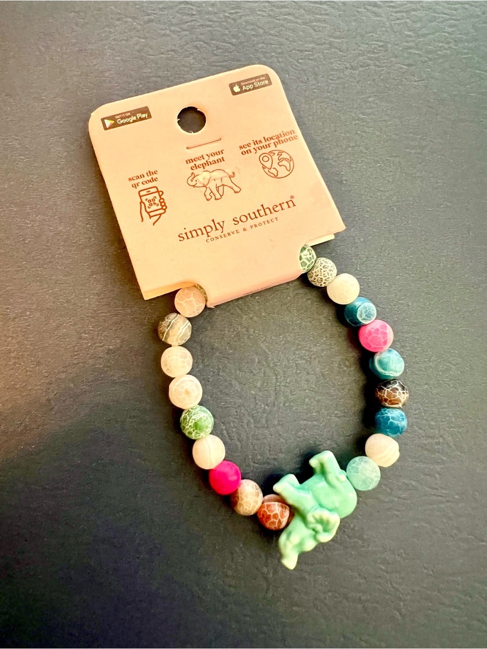 Simply Southern Multicolor Beaded Bracelet with Elephant Charm, NWT
